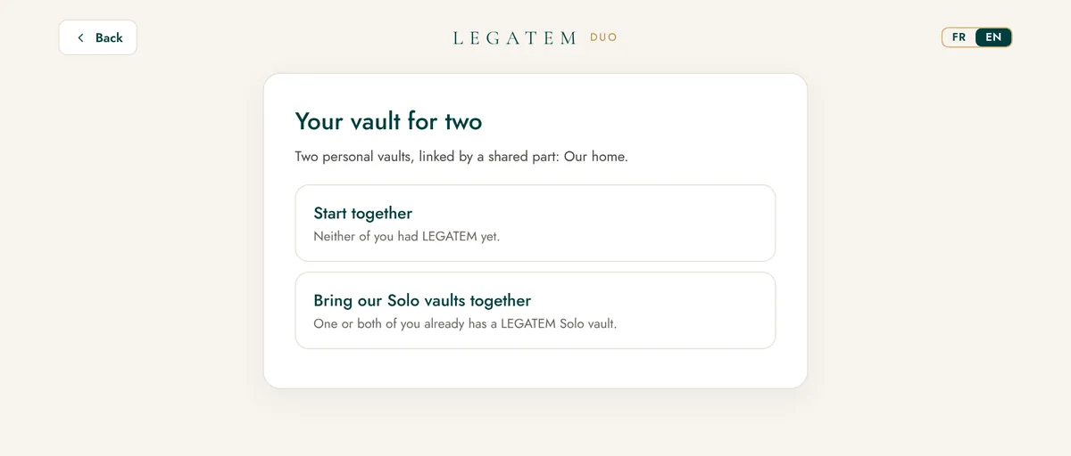 LEGATEM Duo: the 'Your vault for two' screen.