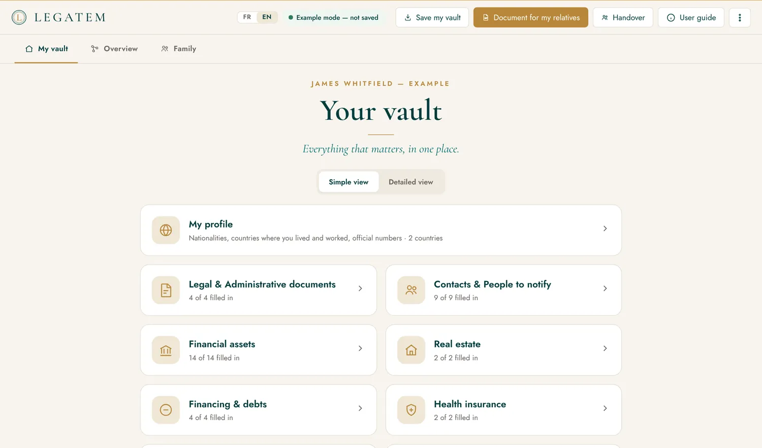 The Life Vault home screen: the vault's themes, gathered on one page.