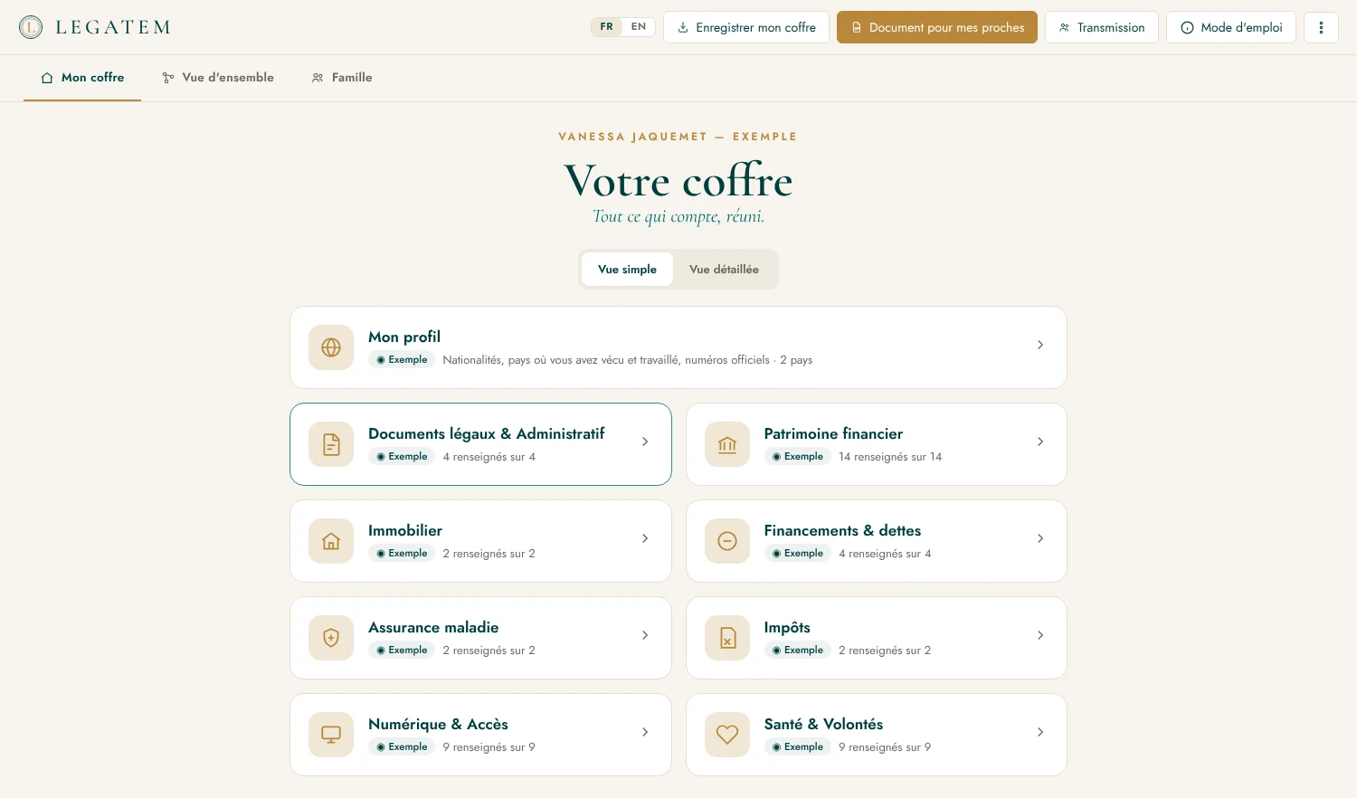 L'écran d'accueil du Coffre de Vie : les thèmes du coffre, réunis sur une page.