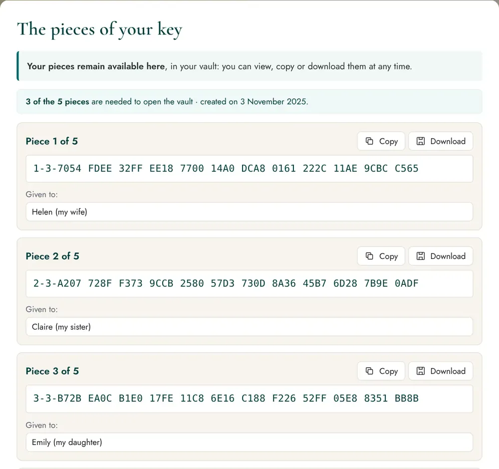 The 'pieces of your key' window.