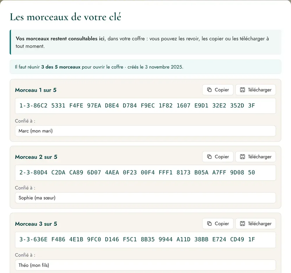 La fenêtre « Les morceaux de votre clé ».