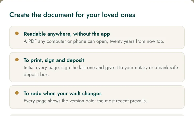 The 'Create the document for your loved ones' window.