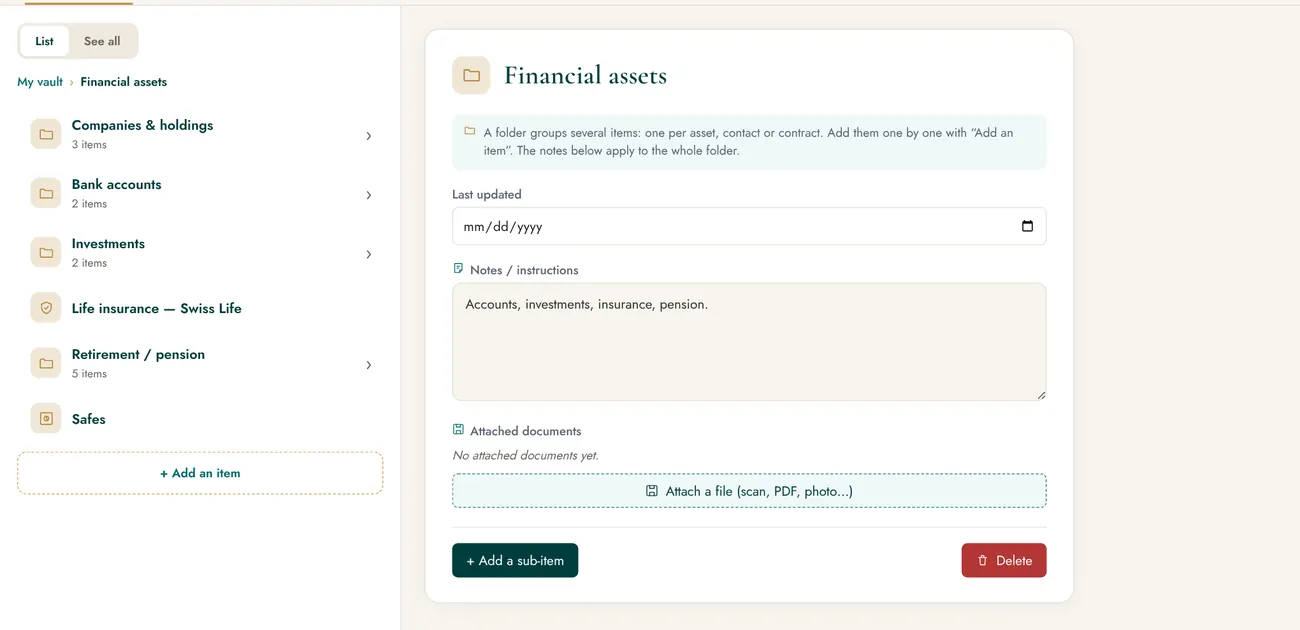 A Vault theme opened: financial assets.